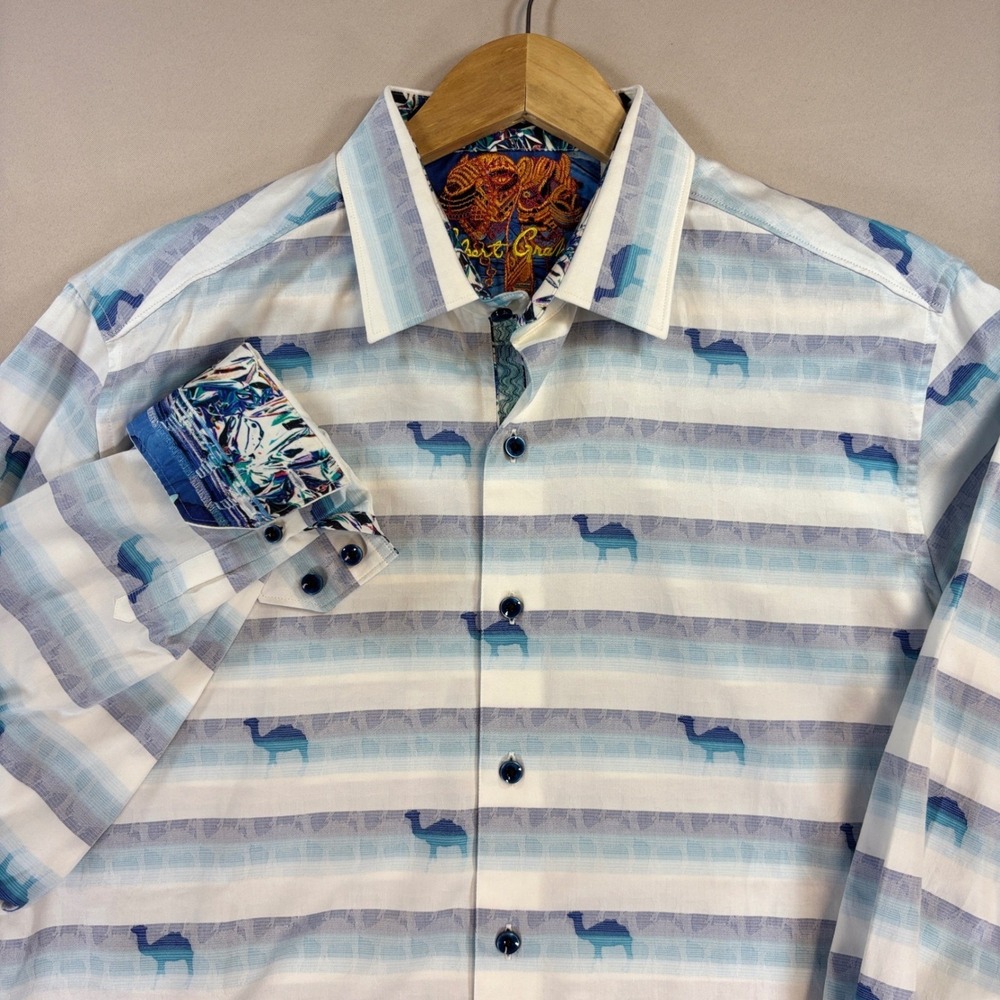 Robert Graham Shirt Mens M Blue White Camel Stripe Long Sleeve Classic Fit EUC